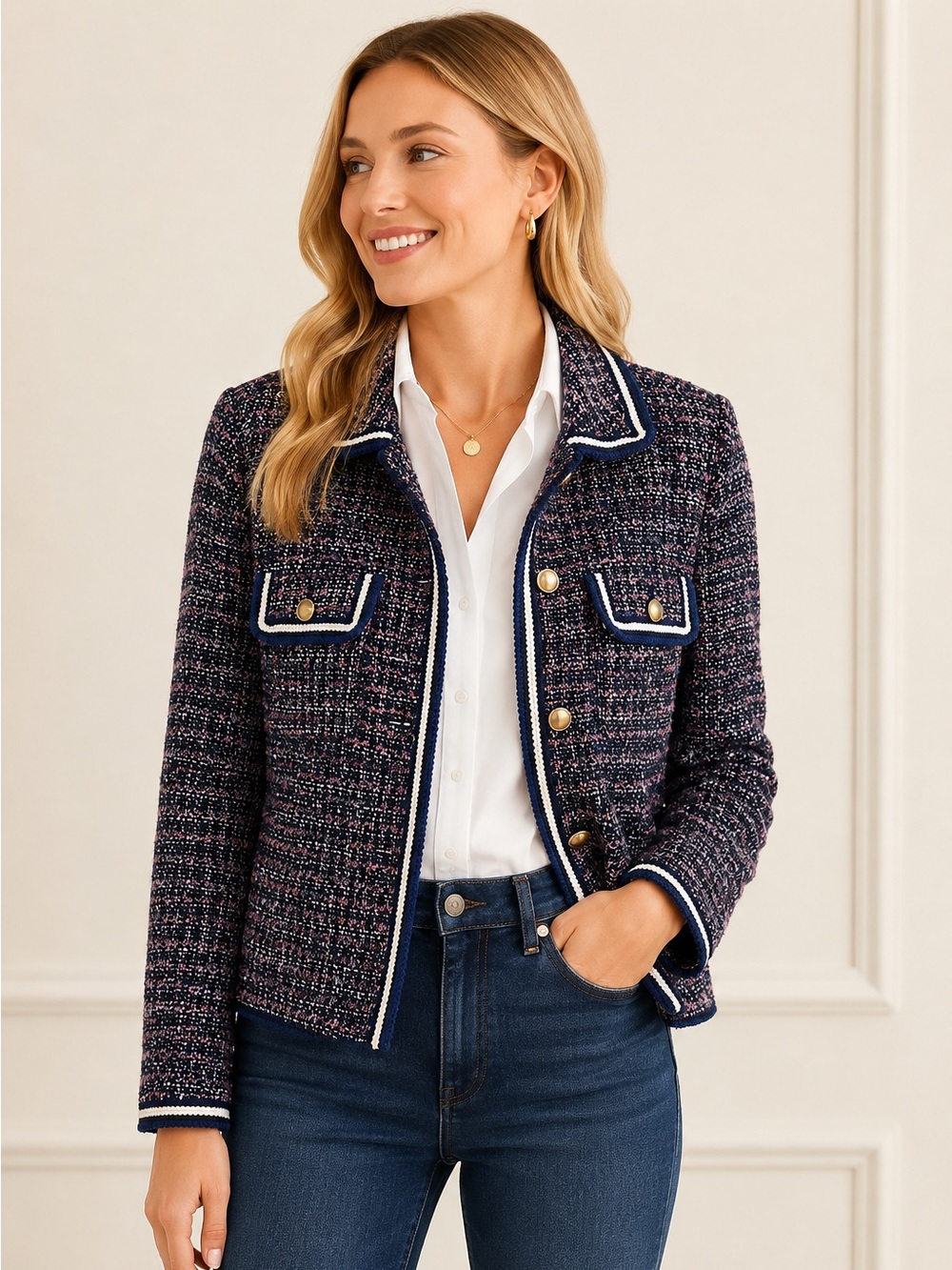 Talbots Tweed Jacket Blazer Blue Pink Gold Buttons Size 2 NWT